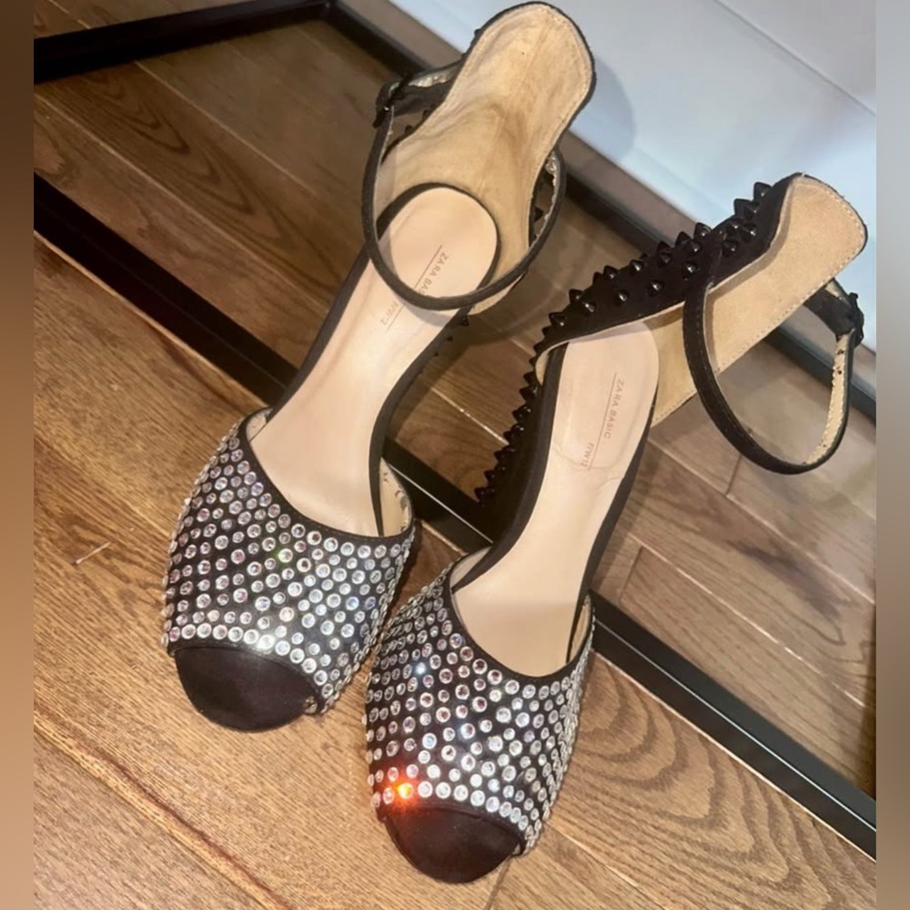 Zara: Black Faux Suede Spike Studded Heel Ankle Strap Sandals